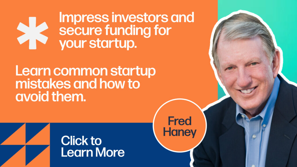 Promo image for course on writing the best pitch deck. Features an orange and blue background with an image of Fred.