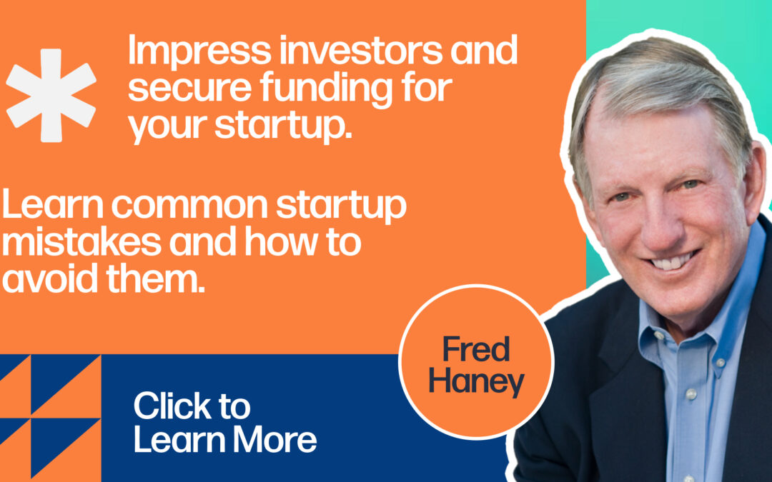 Promo image for course on writing the best pitch deck. Features an orange and blue background with an image of Fred.